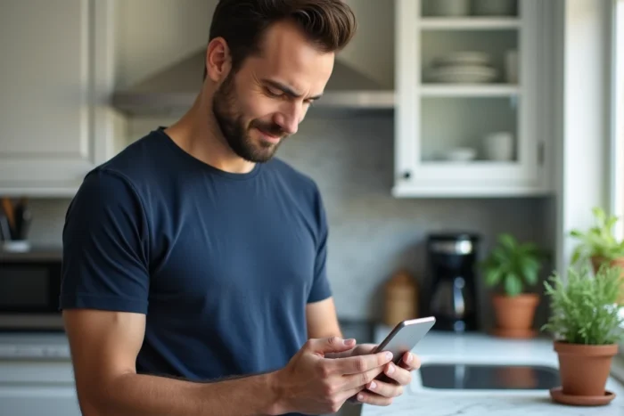 Homme accédant à son espace bénéficiaire Logisfil depuis un smartphone dans une cuisine moderne