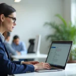 Une professionnelle accède à un webmail académique sur son ordinateur portable dans un bureau administratif moderne