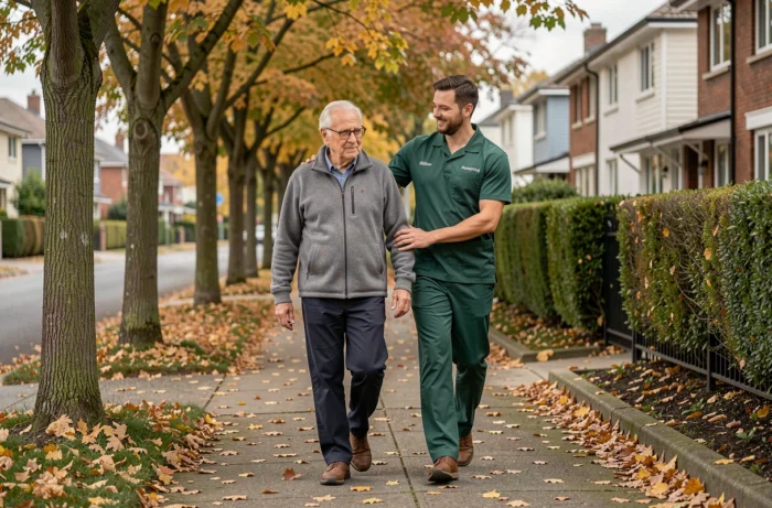Un senior accompagné par un intervenant Green Seniors lors d'une promenade en extérieur dans un quartier résidentiel en automne
