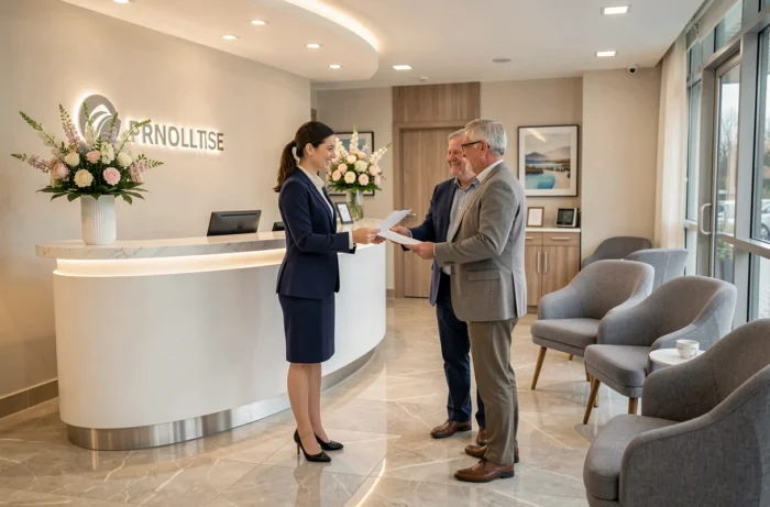 Accueil accueillant d'une clinique privée moderne avec réceptionniste souriante et couple de patients en cours d'admission