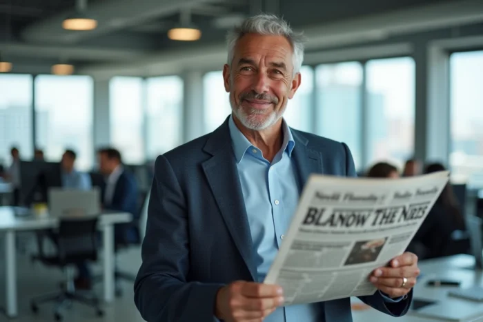 Homme d'affaires découvrant les actualités insolites et tendances de la semaine dans un bureau moderne