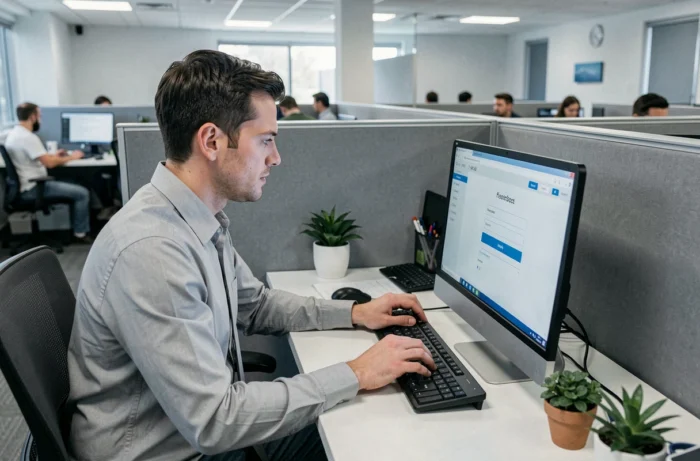 Administrateur médical saisissant ses identifiants pour se connecter en toute sécurité à la plateforme Weda