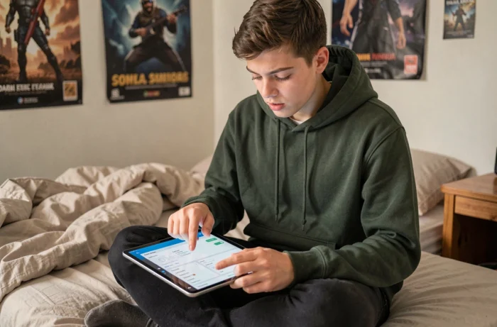 Adolescent modifiant l'email lié à son compte Supercell ID sur une tablette depuis sa chambre