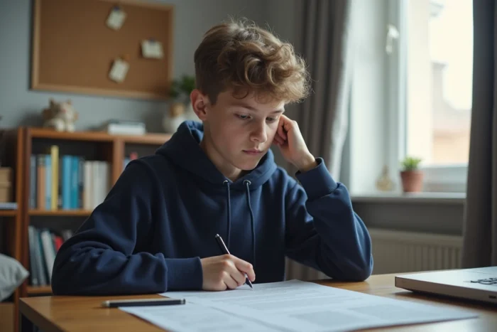 Un adolescent lit attentivement une fiche d'information médicale à son bureau dans sa chambre, symbolisant la prise de conscience des jeunes face aux effets des médicaments