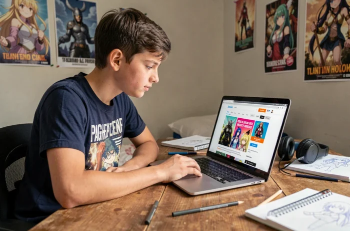 Adolescent découvrant les meilleures offres promotionnelles Webtoon sur son ordinateur portable