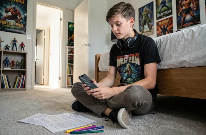 Adolescent consultant une soluce imprimée de Rooms and Exits assis sur le sol de sa chambre avec un smartphone