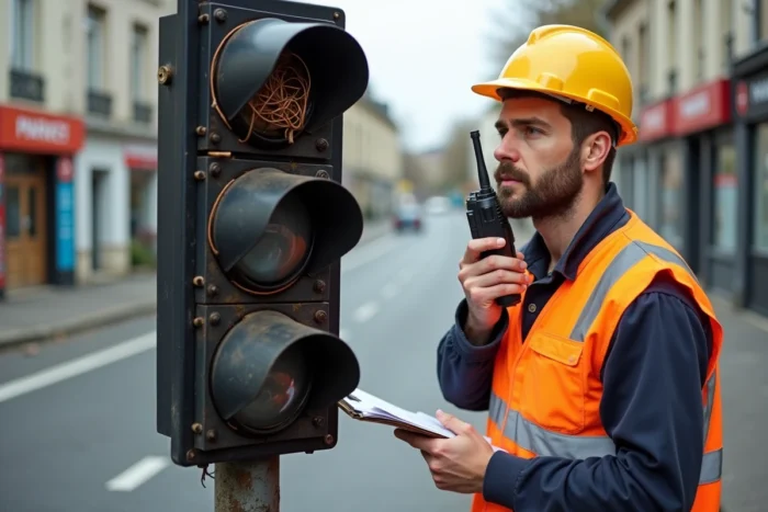 Agent municipal inspectant un feu de signalisation en panne et contactant les services techniques