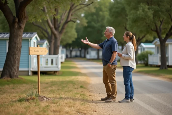 Agent immobilier présentant une parcelle vide de camping à un couple lors d'une visite pour achat de mobil home