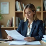 Agente de catégorie C de la fonction publique examinant ses fiches de paie et documents relatifs aux primes et indemnités dans un bureau administratif