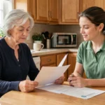 Une aînée et une aide à domicile de Green Seniors examinent ensemble des documents administratifs dans une cuisine chaleureuse