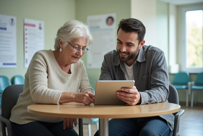 Assistance à la gestion d'un compte bénéficiaire Logisfil sur tablette dans un espace administratif