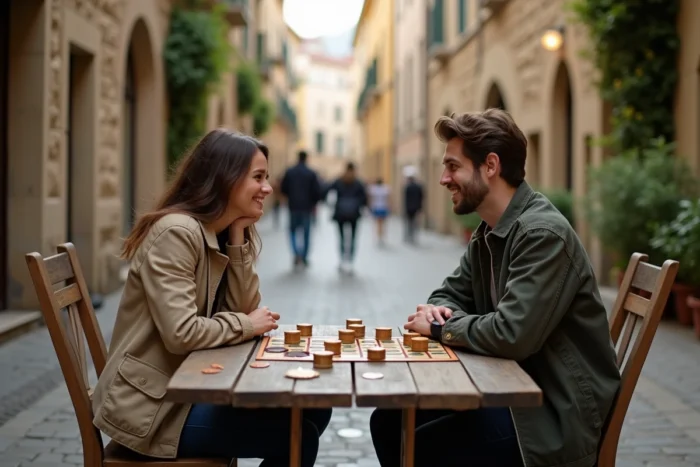 Deux amis jouant à un jeu de société en terrasse de café dans une rue pavée lors de leurs loisirs