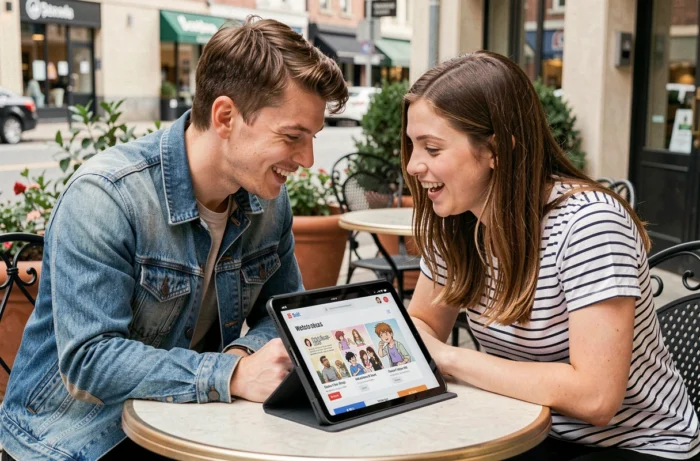 Deux amis partageant des offres exclusives Webtoon sur une tablette en terrasse de café