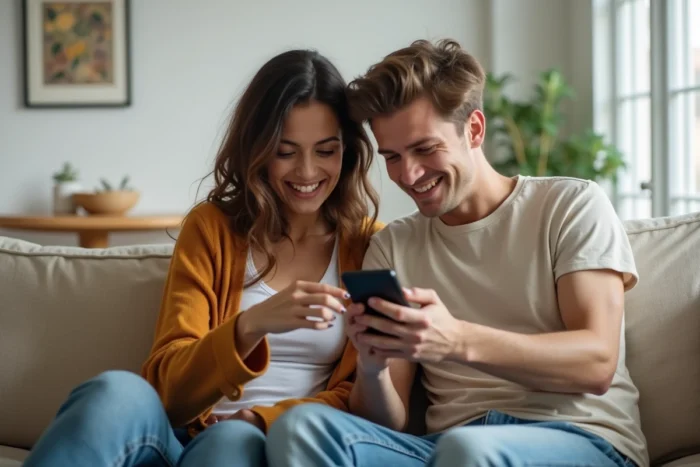 Deux amis essayant de retrouver un profil Instagram introuvable après un changement de pseudo sur un canapé