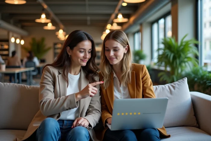 Deux femmes analysant ensemble des avis utilisateurs sur un ordinateur portable dans un espace de coworking