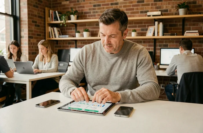 Entrepreneur masculin analysant et comparant les tarifs de services professionnels sur une tablette dans un espace de coworking