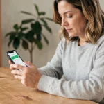 Femme annulant un rendez-vous Carglass sur son smartphone depuis son bureau à domicile