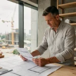 Architecte analysant des estimations de coûts de construction sur des plans techniques dans un bureau moderne avec vue sur chantier