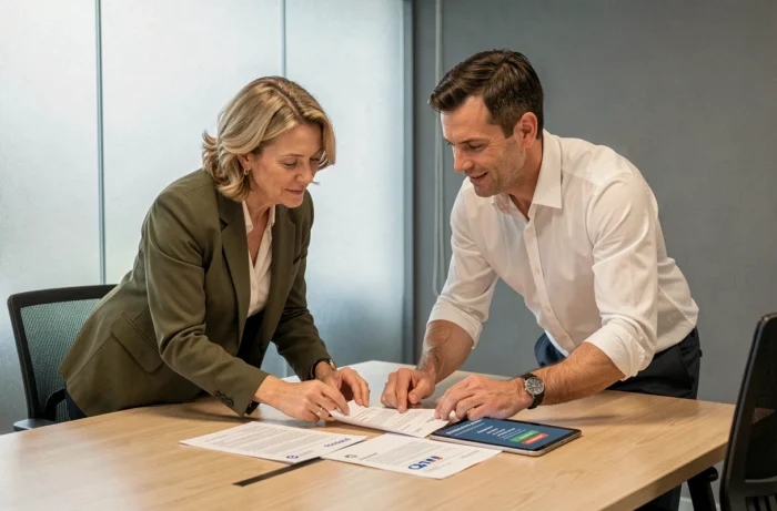 Deux associés d'une entreprise analysant ensemble un extrait Kbis et les étapes d'inscription sur MonIdenum lors d'une réunion professionnelle