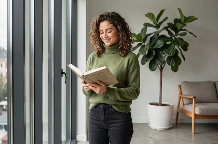 Femme détendue lisant un livre près d'une fenêtre dans un appartement minimaliste moderne, révélant l'intimité et les secrets de la vie d'Astrid Olivia