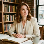 Femme aux cheveux auburn assise à un bureau vintage avec des carnets ouverts, évoquant le parcours intellectuel et personnel d'Astrid Olivia