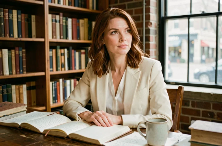 Femme aux cheveux auburn assise à un bureau vintage avec des carnets ouverts, évoquant le parcours intellectuel et personnel d'Astrid Olivia