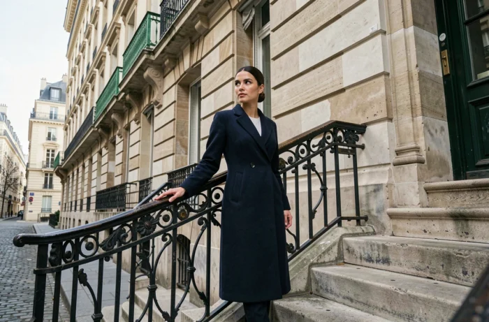 Femme élégante en manteau marine sur les marches d'un immeuble haussmannien à Paris, illustrant le style de vie et les révélations d'Astrid Olivia