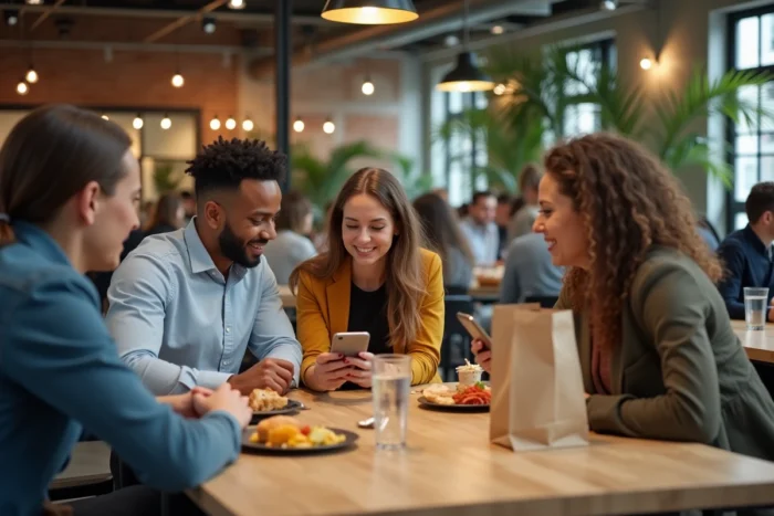 Groupe de collègues de bureau déjeunant ensemble avec différents avantages repas entreprise
