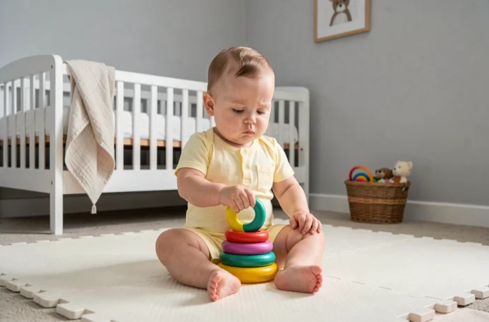 Bébé de 10 mois jouant seul avec des anneaux d'éveil colorés sur un tapis de jeu dans une chambre de bébé