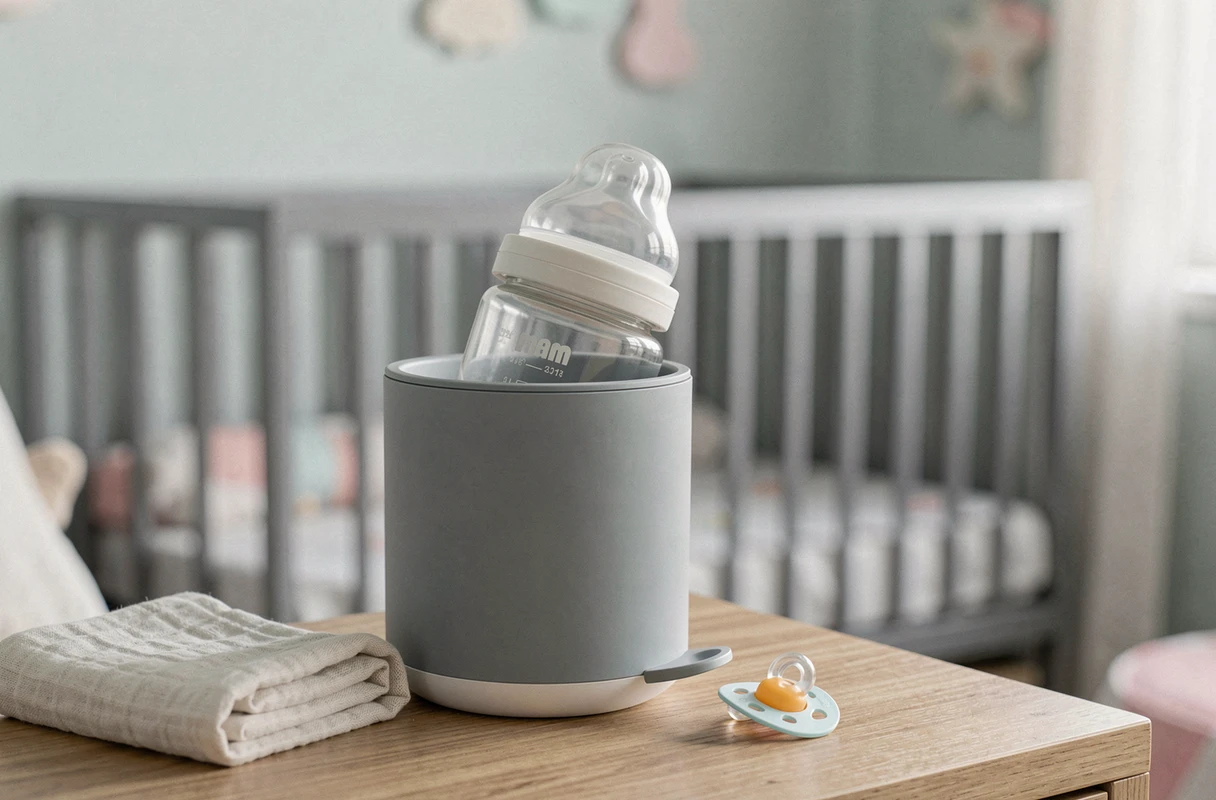 Biberon MAM dans un chauffe biberon posé sur une table de nuit dans une chambre de bébé