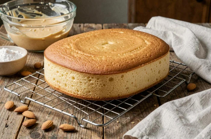 Biscuit Joconde doré et moelleux refroidissant sur une grille en métal, entouré d'amandes et de sucre glace sur une table en bois rustique