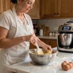 Femme réalisant un biscuit Joconde au Thermomix dans une cuisine moderne, en train de plier délicatement la pâte aux amandes avec une spatule
