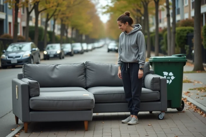 Femme inspectant un canapé d'angle gris posé sur le trottoir avec une étiquette de recyclage en milieu urbain