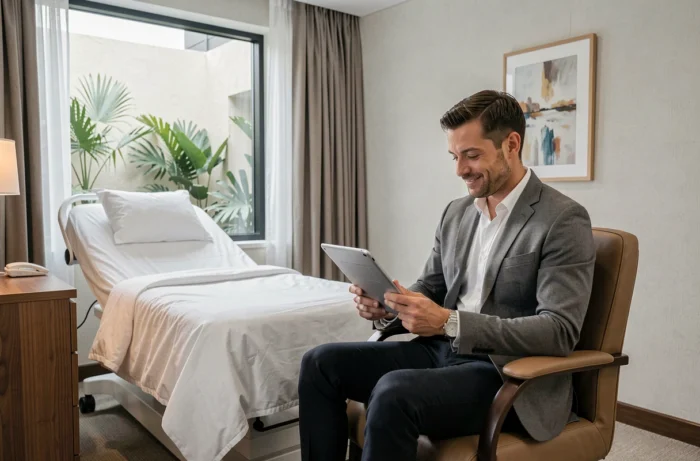 Patient homme se reposant dans une chambre privée de clinique haut de gamme avec ambiance chaleureuse et confortable