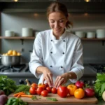 Cheffe cuisinière arrangeant des légumes colorés sur une planche en bois dans une cuisine professionnelle en briques