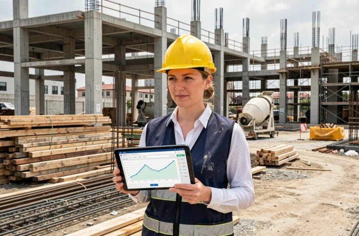 Cheffe de projet sur un chantier de construction tenant une tablette affichant une baisse des coûts des matériaux en 2026