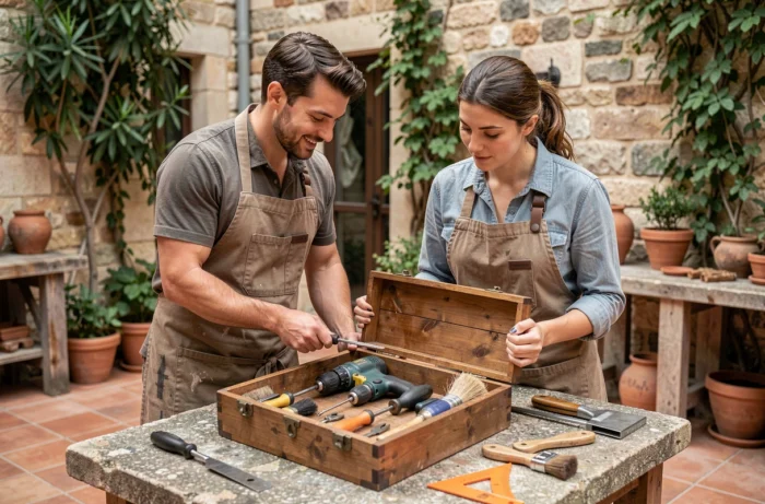 Deux artisans collaborant autour d'une boîte à outils contenant des outils commençant par B dans une cour en pierre
