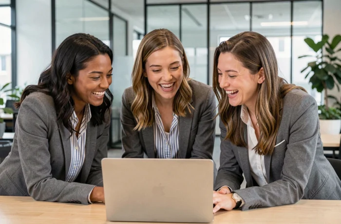 Groupe de collègues réagissant à un contenu viral sur un ordinateur portable au bureau