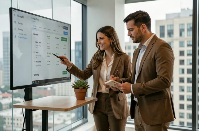 Deux collègues discutant et comparant les prix de prestations de services professionnels devant un écran dans un bureau vitré
