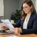 Femme professionnelle comparant des offres de services et leurs prix sur un ordinateur portable dans un bureau moderne