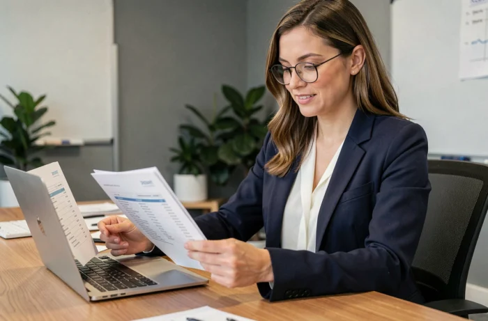 Femme professionnelle comparant des offres de services et leurs prix sur un ordinateur portable dans un bureau moderne