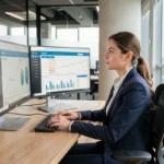 Femme professionnelle comparant des plateformes business sur deux écrans dans un bureau moderne