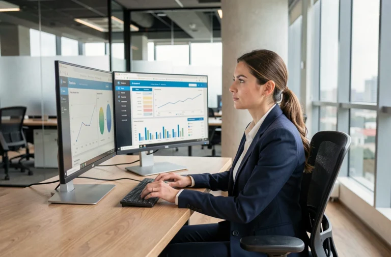 Femme professionnelle comparant des plateformes business sur deux écrans dans un bureau moderne