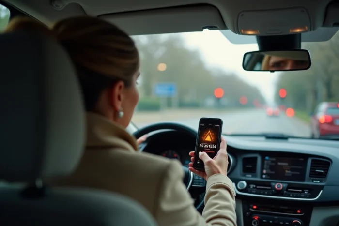 Conductrice au volant contactant les secours par téléphone face à un feu tricolore en panne