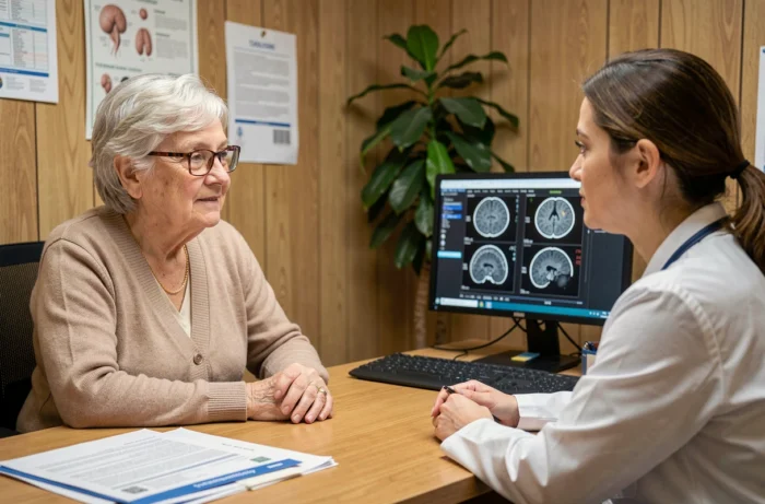 Consultation médicale entre une patiente âgée et son médecin pour discuter du pronostic et de l'espérance de vie avec une leucopathie