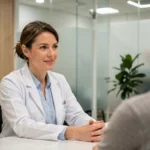 Médecin femme en consultation dans une clinique privée moderne avec décor soigné et ambiance professionnelle apaisante
