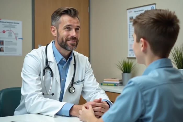 Un médecin pédiatre en consultation avec un jeune patient adolescent, discutant des effets d'un médicament dans un cabinet médical professionnel et rassurant
