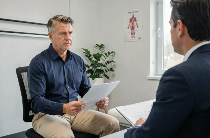 Patient atteint d'algodystrophie en consultation médicale pour évaluation du taux d'invalidité