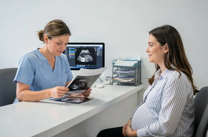 Sage-femme expliquant une échographie à une femme enceinte lors d'une consultation prénatale sur la rupture de la poche des eaux