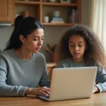 Une mère et sa fille adolescente examinent ensemble des informations sur un ordinateur portable à la table de cuisine, illustrant l'importance du contrôle parental et du dialogue familial